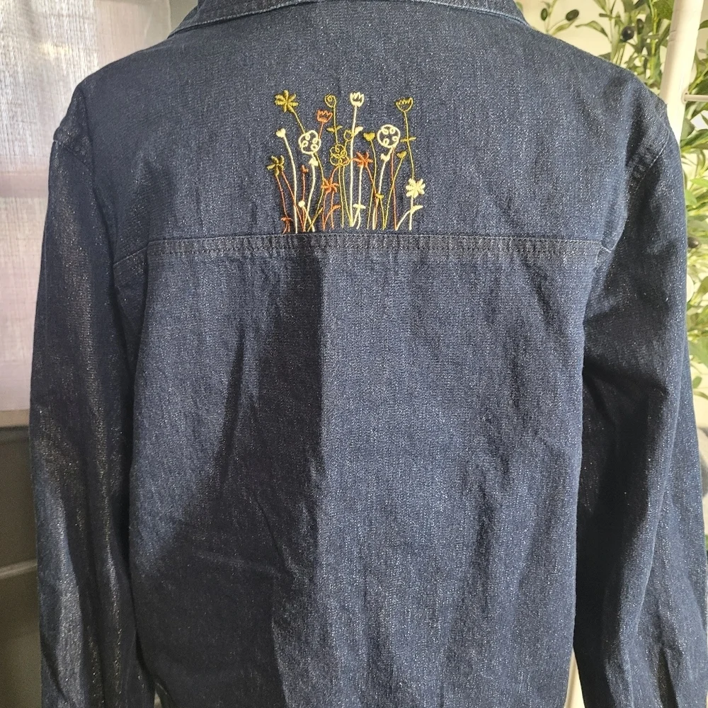 Vintage Signature By Jerell Blue Denim Jacket with Fringe Raw Hem and Embroidery